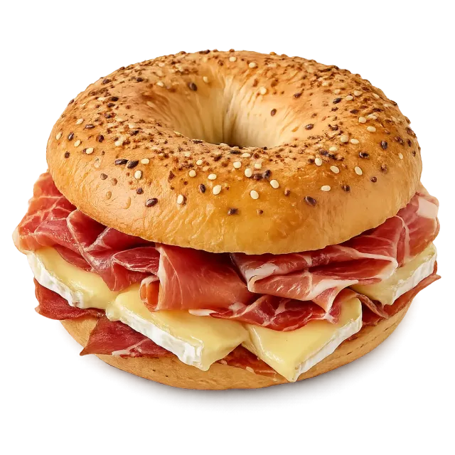 Bagel con jamón del país y queso brie