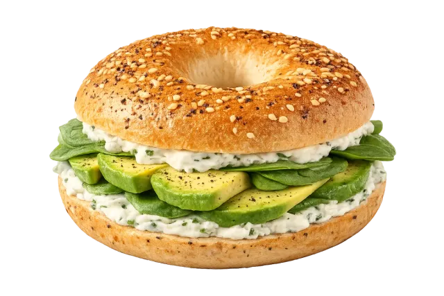 Bagel con Philadelphia, espinacas y aguacate